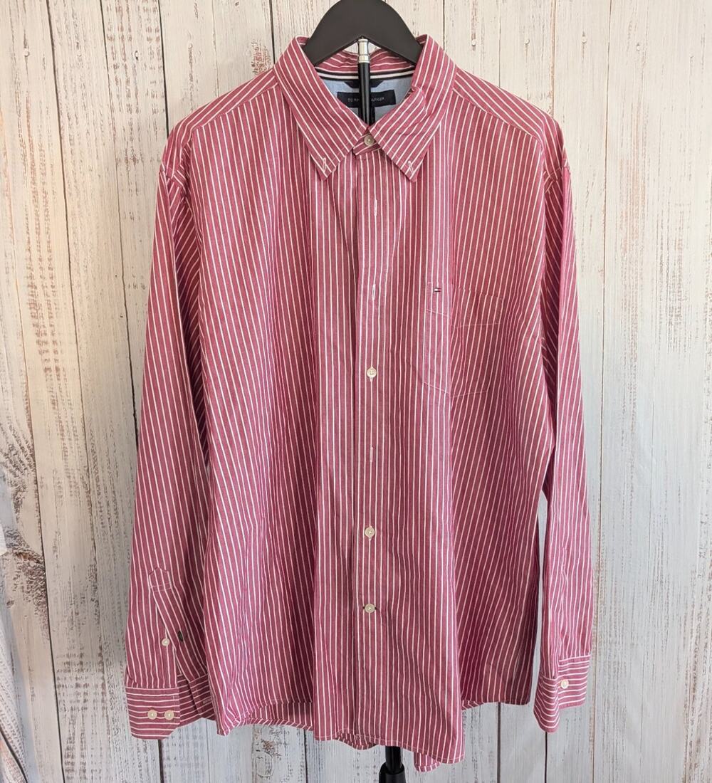 Tommy Hilfiger Shirt Mens XL Red White Stripe Long Sleeve Preppy Ivy League XL
